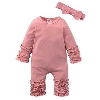 Mergina Romper Kūdikiui Baby Girl Berniukas 2VNT Komplektus Pynimas ilgomis Rankovėmis Romper +Lankelis Jumpsuit Sleepwear Kūdikių Drabužius 0-18M A26 A26