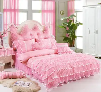 Merginos Princesė stiliaus Nėrinių Rožinės spalvos Patalynės komplektas Prabangių Twin Karalienė King size Lova nustatyti Medvilnės Lova sijonas Antklode padengti nustatyti, Minkštas Patalyne