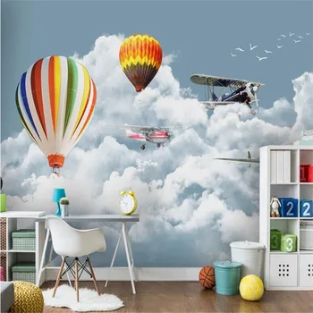 Milofi užsakymą 3D tapetai, freskos modernus minimalistinio mėlynas dangus, balti debesys lėktuvo balionas vaikų kambario sienos fone