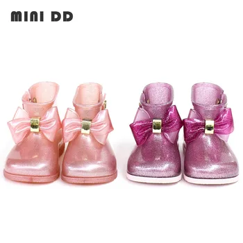 Mini DD 2021 Vaikų Rainboots Gilrs Mados aukštos kokybės Želė batai Sparkle princesė lankas, batai, PVC neslidus rain boot DD018