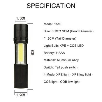 Mini LED Žibintuvėlis Žibintų 4 Režimas COB Žibintuvėlis atsparus Vandeniui Lempos Lauko COB Žibintuvėlis Žibintuvėlis atsparus Vandeniui