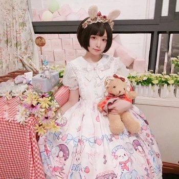 MokoGoddess Japonijos minkštas sesuo spurgos katytė Lolita aukšto juosmens spausdinti rankovių dirželis JSK suknelė moteriška vasaros