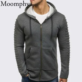 Moomphya Plisuotos rankovėmis megztinis hoodies vyrų Slim Fit vilnos hoodie vyrų Stilingas juostele gobtuvu palaidinės Žiemos vyrų kailio striukė