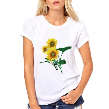 Moteris Baltųjų Gėlių Tshirts trumpomis Rankovėmis Moteriška Priežastinis marškinėliai Mergaitėms, Drabužiai T-Shirt Cool Merginos Saulėgrąžų Marškinėliai