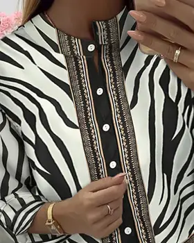 Moteris Ilgai Sleve Zebra Print Single Krūtinėmis Palaidinė Marškinėliai Zebra Marškiniai, Elegantiškas Biuras Ponios Darbo Drabužiai Viršūnės