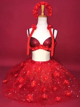 Moteriška raudonos spalvos Kristalai liemenėlė gėlių sijonas Kostiumų Modelio Podiumo Cirkonio Bikini Šalies šokių DJ dainininkė, Šokių Drabužiai, dėvėti Etapas