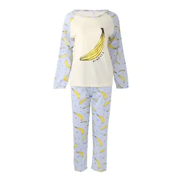 Moteriški Sleepwear Apvalios Kaklo Bananų Spausdinti Mergaičių naktiniai marškiniai, pižamos Nustatyti ilgomis Rankovėmis Rudenį X3UE