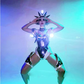 Moterys, Robotas Tiktų Naktinis klubas, baras Podiumo Rodo, Sexy Lady vakarinę Suknelę Sidabro spalvos Metalo Kostiumas Šokių kolektyvas Kosmoso LED Kostiumas