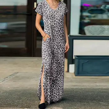 Moterys Vasarą Bohemijos Maxi Suknelė 2021 Celmia Seksualus V-kaklo trumpomis Rankovėmis Ilgai Sundress Atsitiktinis Kišenės Padalinta Leopardas Spausdinti Vestidos