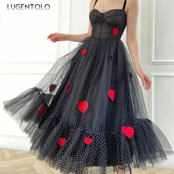 Moterys Šalis Suknelė Prancūzijos Big Swing Akių Susiuvimo Meilės Spausdinti Rankovių Spageti Dirželis-Line Vasaros Suknelė Lugentolo