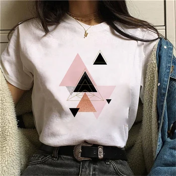 Moterų 90s trumpomis Rankovėmis Vasarą Marškinėlius Naujas Geometrinė figūra atspausdinta marškinėliai Harajuku Mados kraštovaizdį, T-shirt