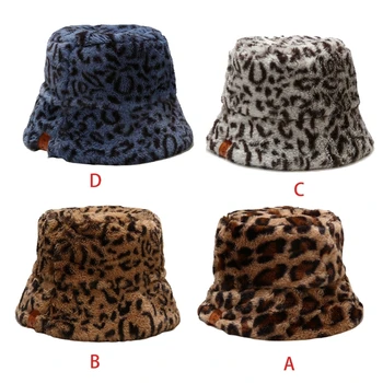 Moterų Derliaus Leopard Tirštėti Fuzzy Pliušinis Kibiro Kepurę Dirbtiniais Odos Etiketė Kratinys Žiemą Šiltas Packable Žvejo Kepurė