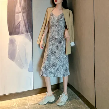 Moterų Drabužiai 2019 Seksuali Suknelė,Vasaros Elegantiška Vintage Suknelė , Šifono Saldus Tiesiai Geometrinis Spageti Dirželis Moterų Suknelė