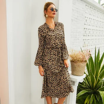 Moterų Leopard Print Dress-Line Paplūdimio Suknelės Moterų Aukšto Juosmens Tvarstis ilgomis Rankovėmis Bohemijos Midi Suknelė Moters Vestidos XA113F