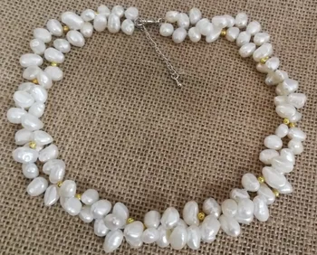 Moterų Papuošalai 2 Eilėmis natūralių perlų 8mm baltas perlas baroko aukso karoliukai karoliai AA+ Natūralių gėlavandenių perlų rankų darbo dovana 17