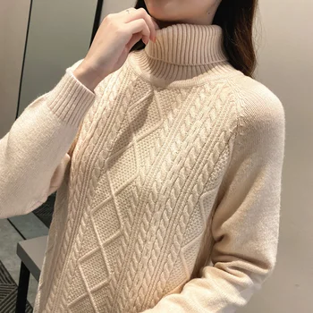 Moterų prarasti storas megztinis rudens / žiemos 2019 vidutinio ilgio, ilgos golfo megzti dugno marškinėliai mergaitės