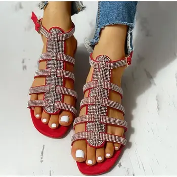 Moterų sandalai cirkonio tuščiaviduriai iš vienodo vasaros batai dugnu Romos sandalai moterims moteriški batai