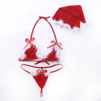Moterų Sexy Santa apatinis Trikotažas Nustatyti Dirbtiniais Kailiais Kalėdų Kelnaitės Bikini Stiliaus Bra + G-String Diržas + Hat Nustatyti Sleepwear naktiniai drabužiai