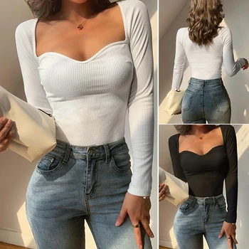Moterų Sexy Slim Aikštėje Apykakle ilgomis Rankovėmis, Krūtinės Top marškinėliai Moteriška