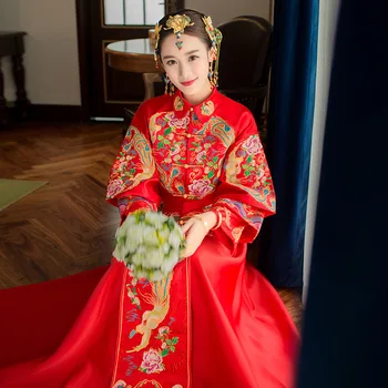 Moterų Siuvinėjimo Cheongsam Plonas Aukštos Kokybės Red Kinijos Vestuvių Suknelė Kinų Tradicinė Suknelė Nuotaka Vestuves Qipao
