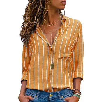 Moterų V-kaklo Viršūnes Prarasti Long Sleeve T-Shirt Atsitiktinis Šifono Vasarą, Rudenį Tee Marškinėliai su Kišenėje Dryžuotas Marškinėliai