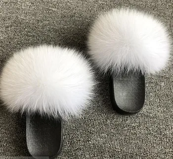 Moterų Žiemos Fox Fur Šlepetės Pūkuotas Pliušinis Fox Plaukų Moterų Atsitiktinis Moterų Batai Namuose Butas Furry Sandalai Mados Plius Dydis Batai