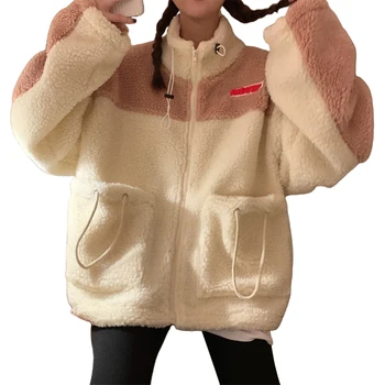 Moterų Žiemos Spalvos Bloką Pocket Dirbtiniais Vilnos Pliušinis Ilgomis Rankovėmis Zip Šiltas Outwear Kailis Palaidinukė