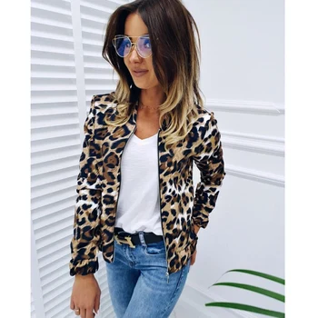 Moterų Žiemos Striukė Paltai, Leopardas Spausdinimui Zip Dviratininkas Pasėlių 2020 Streetwear Atsitiktinis Mados Office Ponios Outwea