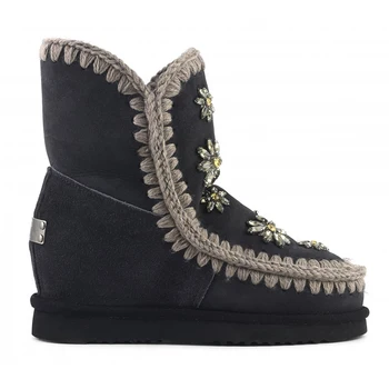 Moug žiemos batai moterims sniego batai originalus vidinis pleišto 24cm kristalų rankų darbo, avikailio platforma ponios kulkšnies botas