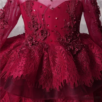 Multi-Layer Merginos Inscenizacija Chalatai Tamsiai Raudoni Nėriniai Ilgomis Rankovėmis Appliques Granules, Gėlių Mergaičių Suknelės, Vestuvių