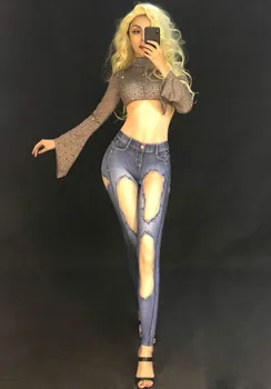 Naktinis klubas Moteris Dainininkas Prom Šalies Aprangą Gimtadienio Puotą Kostiumai Juodas 3D Atspausdintas Džinsinio Jumpsuit Cirkonio Seksualus Bodysuits