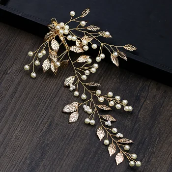 Nauja Madinga Vintage Pearl Tiara Aukso Lapų Staigius Nuotakos Lankelis Princesė Diadem Plaukų Papuošalai Dovana Vestuvių Suknelė Priedai