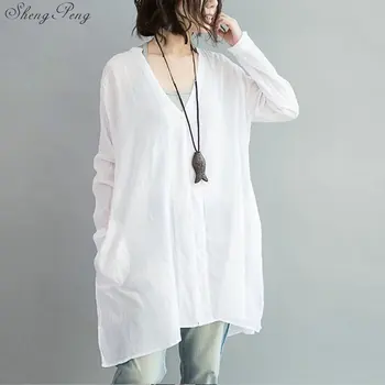 Nauja Rudens vientisos baltos moterų marškinėliai 2021 m. vasaros moterų palaidinė mygtuką priekyje v-kaklo atsitiktinis palaidų ilgai marškinėliai CC603