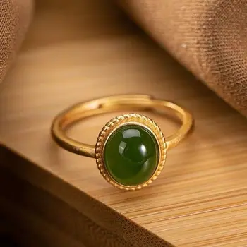 Nauja sidabro inkrustacijos gamtos Hetian Jasper atidarymo reguliuojamas žiedo unikalus senovės aukso amatų žavesio moterų prekės papuošalai