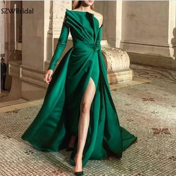 Naujas Atvykimas nuo peties Žalia Vakaro suknelės ilgomis rankovėmis vakare chalatai Ruched Ritininės Seksualus Oficialų suknelė abiye elbise suknelė