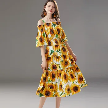 Naujas atvykimo 2020 metų Vasaros kilimo ir tūpimo Tako Saulėgrąžų Printed Dress Moterų aukštos klasės Elegantiškas Gėlių Spausdinti Sundress ilgos suknelės vestidos
