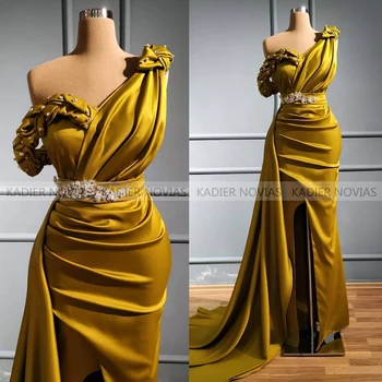 Naujas Atvykimo Ilgai Aukso Undinė Vieną Petį vakarinę Suknelę 2021 Padalinta Chalatas de Soiree Elegantiška Prom Šalis Suknelės Vestido de Festa
