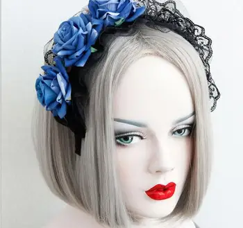 Naujas atvykimo moterų big blue gėlių su juoda nėrinių hairbands šalies mergina lovely elegantiškas lankelis gražių plaukų aksesuarai