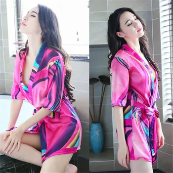 Naujas Kinų stiliaus spausdinimo Septynių spalvų Megztinis diržo chalatas chalatas seksualus apatinis trikotažas lenceria femenina seksualus rinkinys seks vetement femme