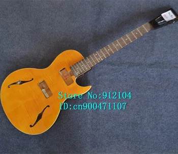 Naujas muzikos instrumentas, tuščiaviduriai elektrinė gitara, geltona su raudonmedžio kūno ir be aparatūros F-3054