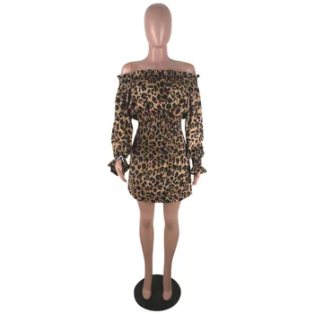 Naujas stilius Rudenį moterų mados leopard print vieną pusę kaklo stebėjimo ilgomis rankovėmis waisted sriegiu suknelė