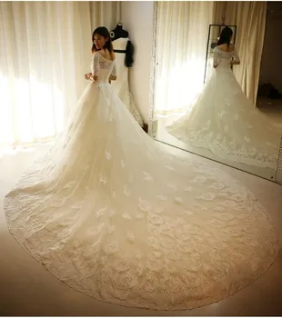 Naujas Stilius Užsakymą Appliques Valtis Kaklo Prabangūs A-line Wedding Dresses Vestuvinės Suknelės vestido de novia E-3