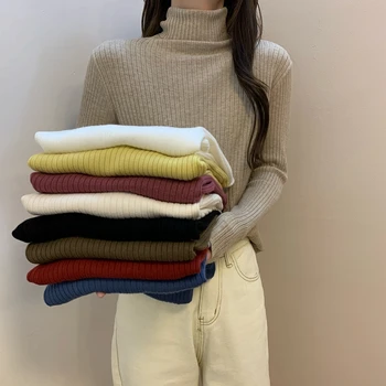 Naujas žiemos ilgomis rankovėmis moteris megztinis aukšta apykakle mezgimo vientisos spalvos puloveriai megztinis