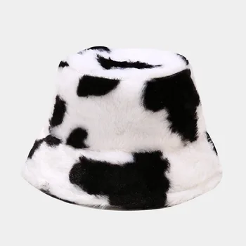 Naujas Žiemos Karvė Spausdinti Pliušinis Kibirą, Skrybėlės Moterims Turizmo Lauko Šiltą Kepurę Minkštas Aksominis Žvejys Bžūp Lady Mados Panama Metu