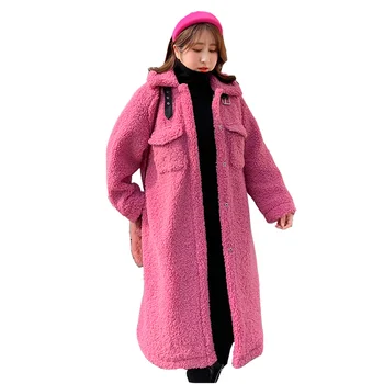 Nauji Žiemos, rudens, plius didelis 4XL ėriukų kailiai, kailio mados saldus, ilgas kailis Rose pink avokado žalia storas šiltas, paltai Moterims paltas