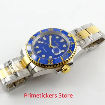 Nerūdijančio plieno dirželis su auksu 40mm bliger blue dial safyro stiklas, automatinė mens watch