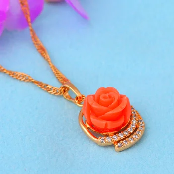 Nuostabus Gėlių Dizainas Pink Rose Susirūpinimą Meilės Aukso tonas Gražus bižuterijos Cirkonis Karoliai & Pakabučiai LN620A