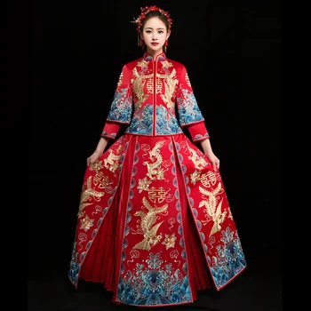 Nuotaka Siuvinėjimo Cheongsam Senovinių Kinų Stiliaus Vestuvinė Suknelė Retro Taurę Drabužių Lady Phoenix Suknelė Santuokos Qipao raudona Drabužiai
