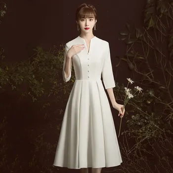 Office Lady Elegantiškas Oficialų Šalis Suknelė Balta Temperamentas Kietas Plisuotos Suknelės Išskirtinį Mygtuką Apdaila V-Kaklo Pokylių Suknelė