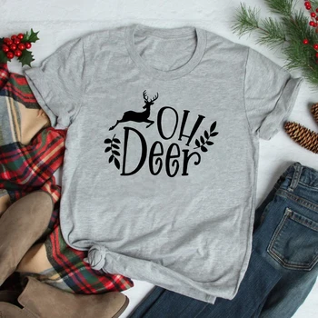 Oh Deer Juokingi Grafikos Kalėdų Moterų Marškinėlius Medvilnės O Kaklo Viršų Tees Trumpomis Rankovėmis Unisex Atsitiktinis Kawaii Moterų Drabužių Lašas Laivas